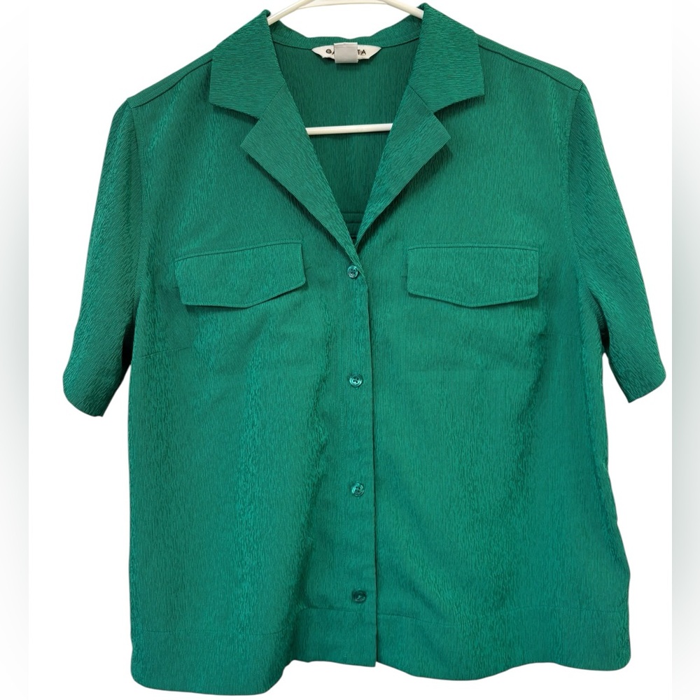 Athleta Women's Echo Dark Green Button Down Collared Crop‎ Top Size SP - Picture 2 of 8